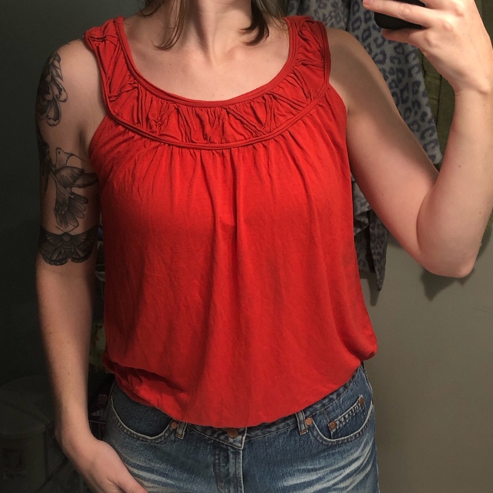 Orange Max Studio tank top with ruffle detail